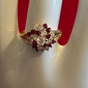 18KHGE Cathedral Ring with Red and White Gemstones